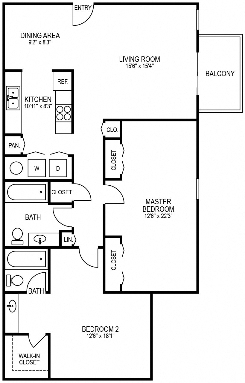 Floor plan for 2 beds, 2 baths, 1250 sqft